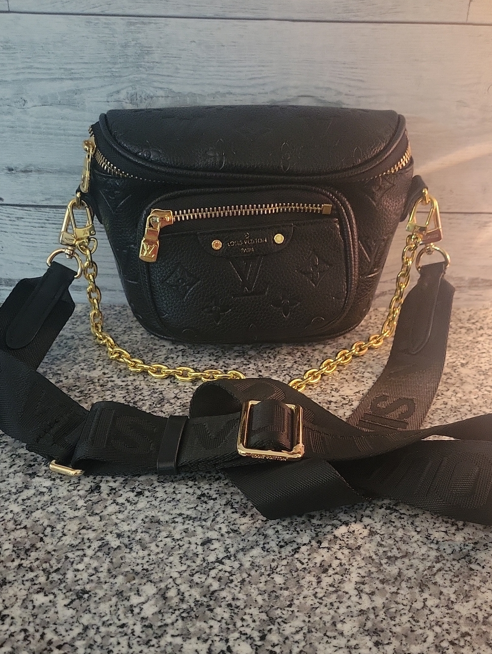 Louis Vuitton Black Embossed Leather Crossbody Belt Bag with Gold Chain
